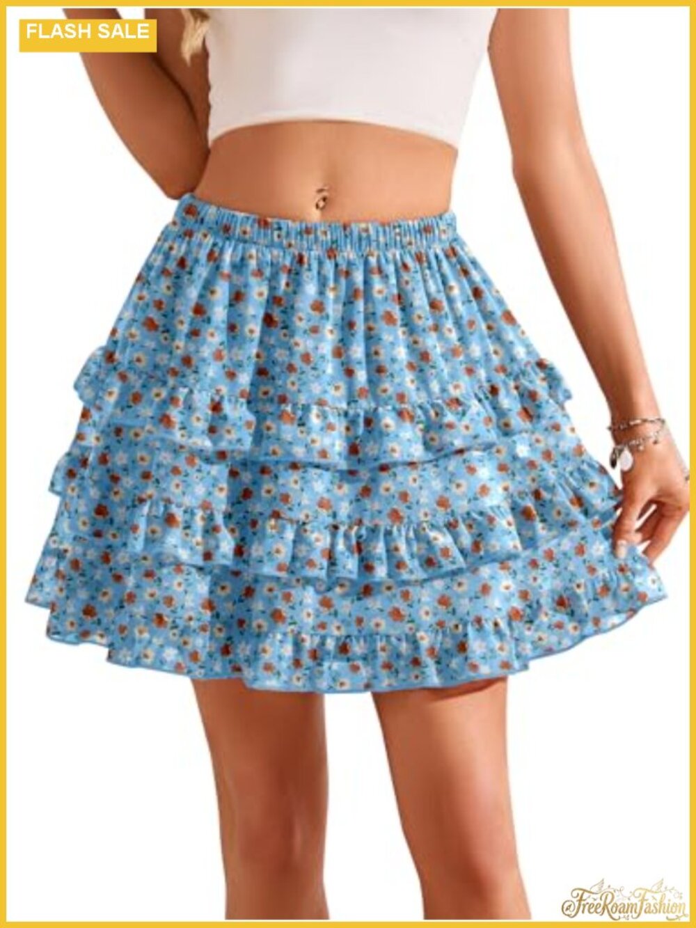 CYiNu Women's Floral Boho Tiered Mini Skirt Elastic High Waist Polyester